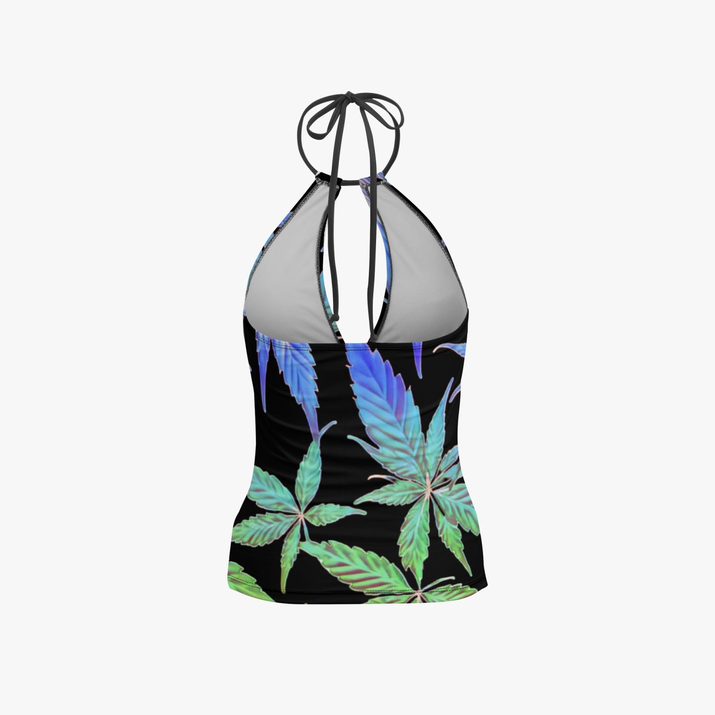 Blue to Green Color Gradient Potleaf Pattern Halter Top Two-Piece Tankini Swimsuit - NocturnalExpressions