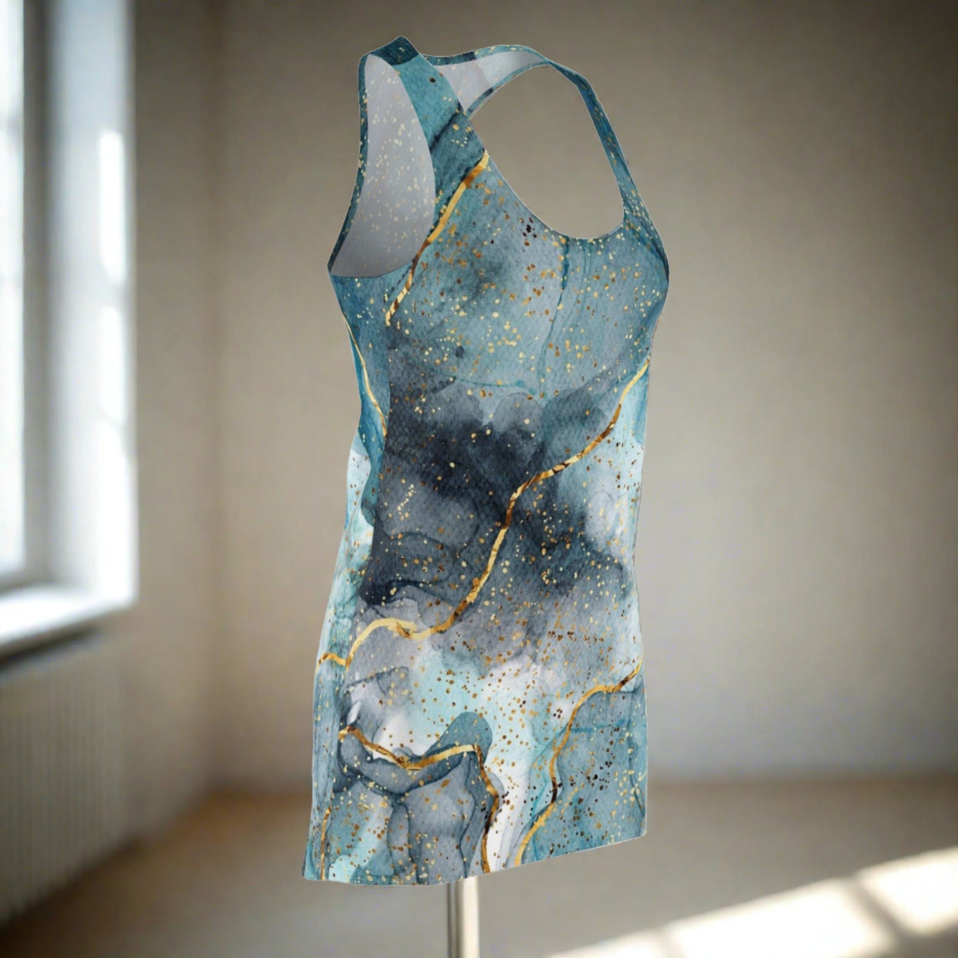 Women's Turquoise  Acrylic Pour With Gold Lines Cut & Sew Racerback Dress - NocturnalExpressions