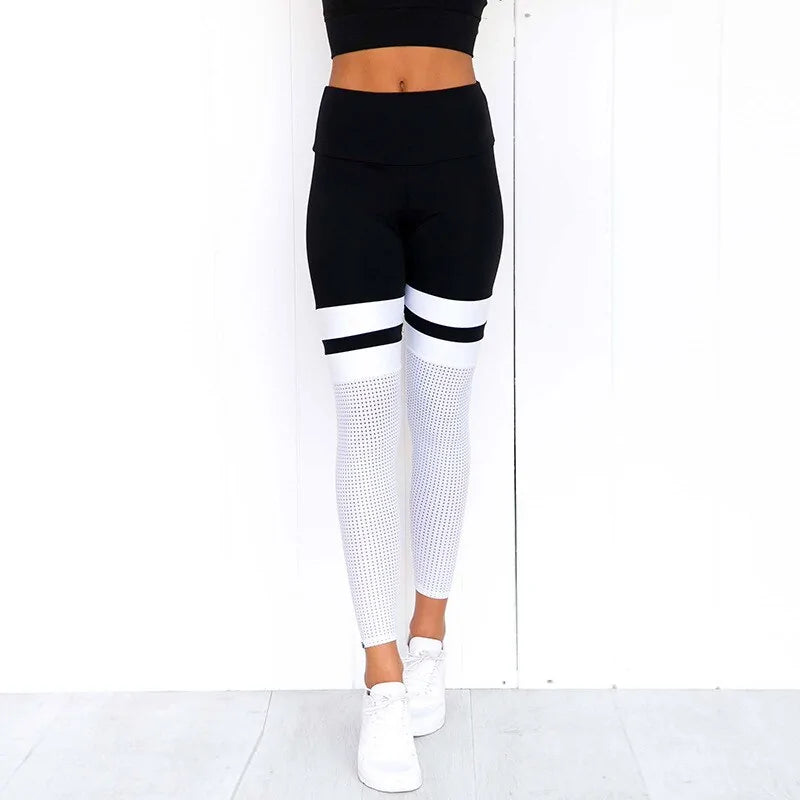 Black and White Striped Spandex Mesh Insert Leggings - NocturnalExpressions