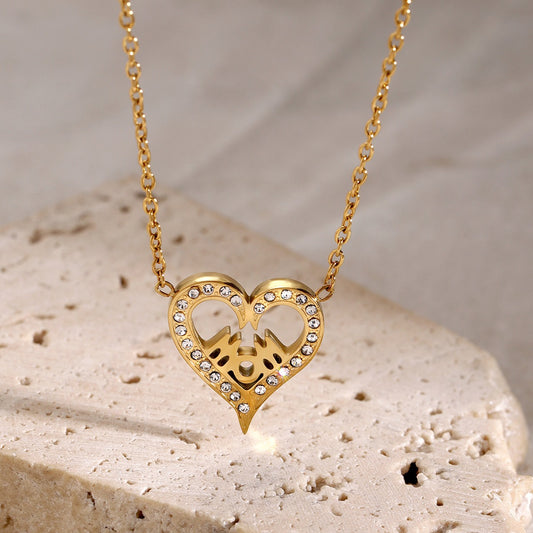 18K Gold Trendy Unique Hollow Heart Inlaid With Diamonds And Pendant Necklace With Text  MOM design