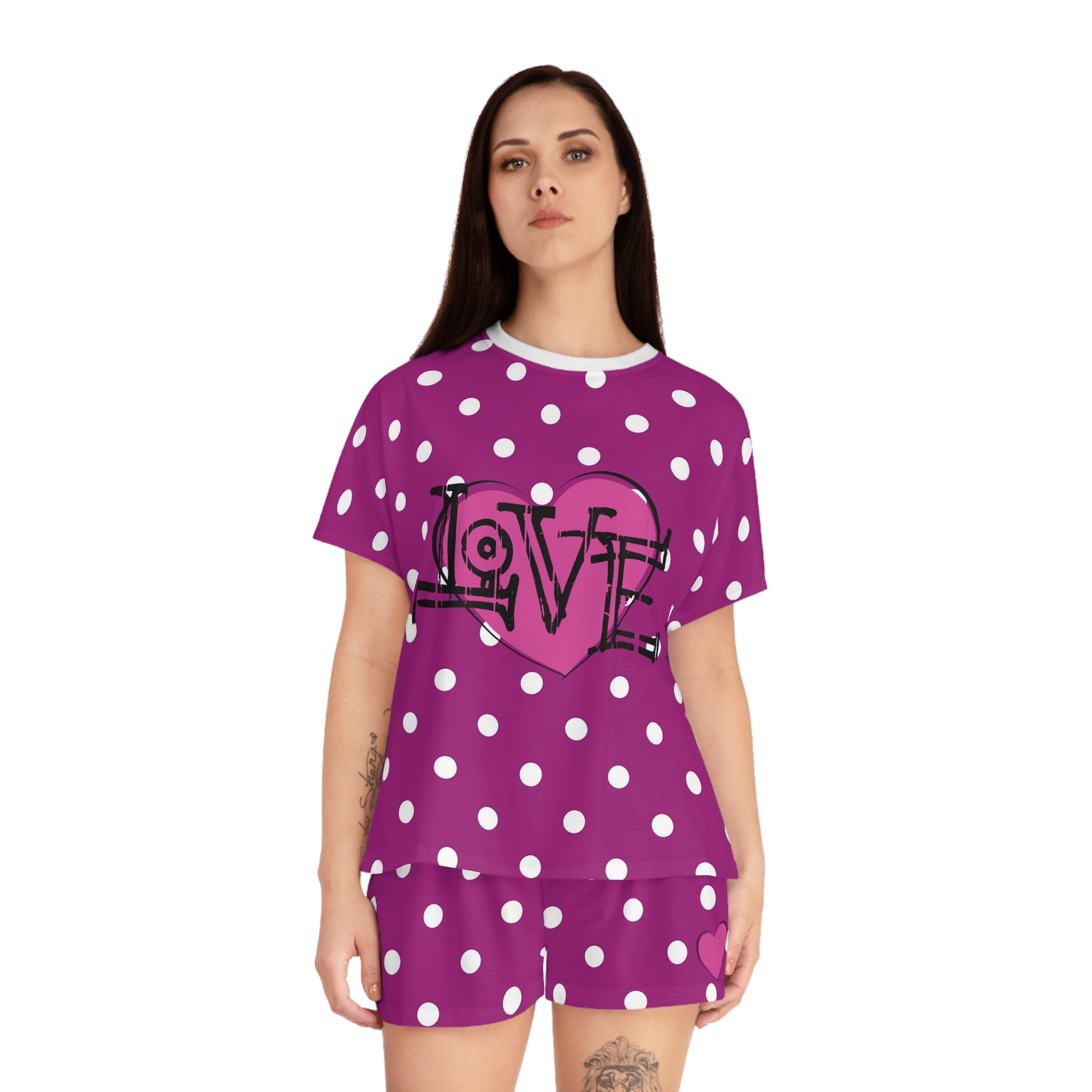 Women's Purple & White Poka Dot Love Graphic Short Pajama Set - NocturnalExpressions