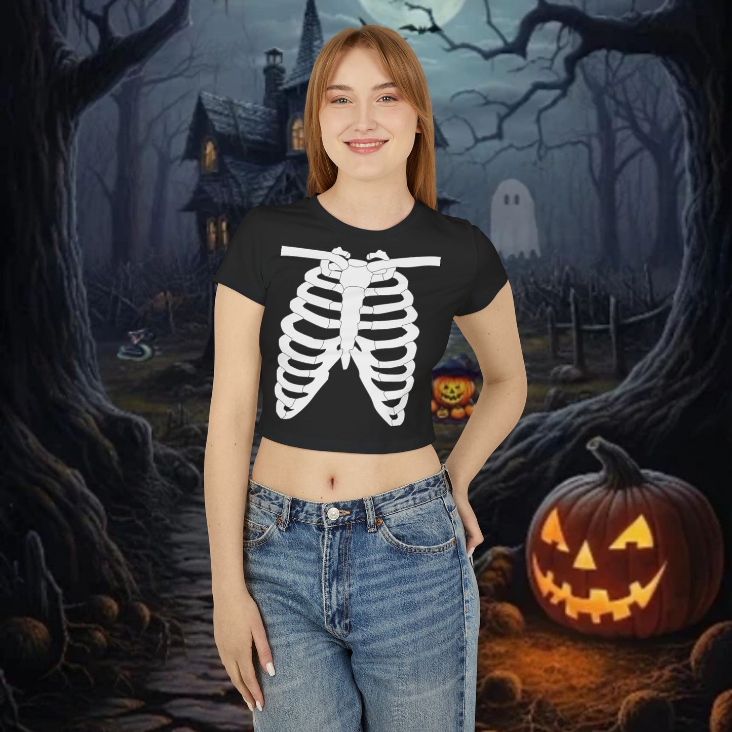 Women's Skeleton Ribs Graphic Baby Tee