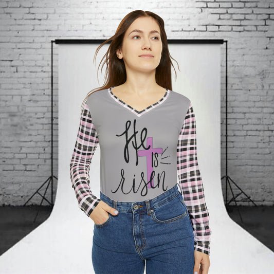 Women's He Is Risen Typography With Purple Cross Graphic & Pink Plaid Sleeves Long Sleeve V-neck T-Shirt - NocturnalExpressions