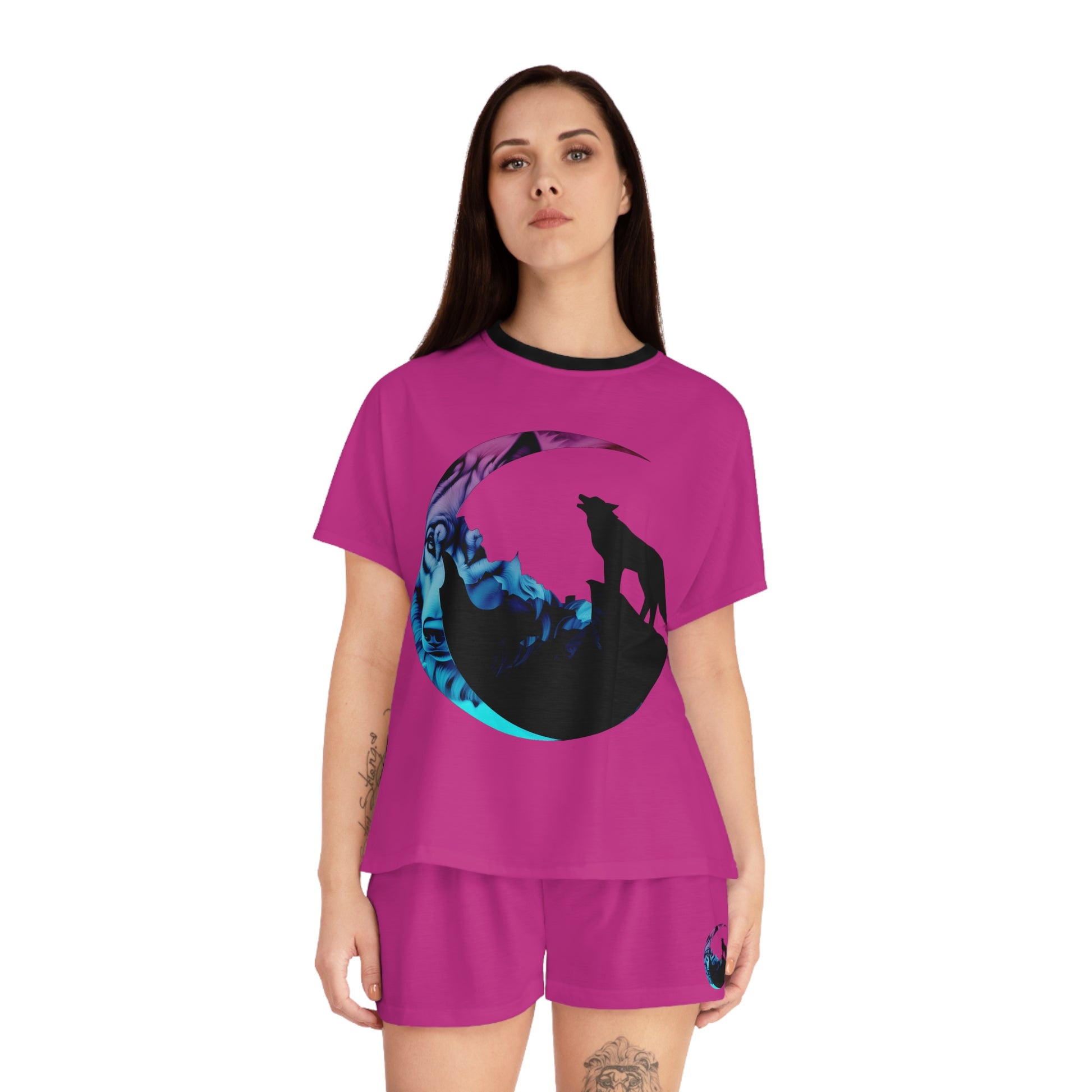 Women's Pink Wolf Silhouette Cresent Moon Graphic Art Short Pajama Set - NocturnalExpressions