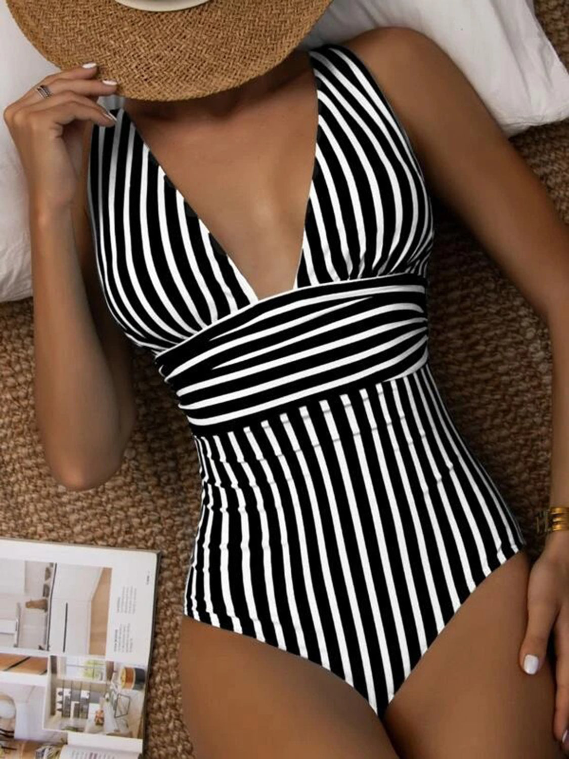 Striped Plunge Sleeveless One-Piece Swimwear - NocturnalExpressions