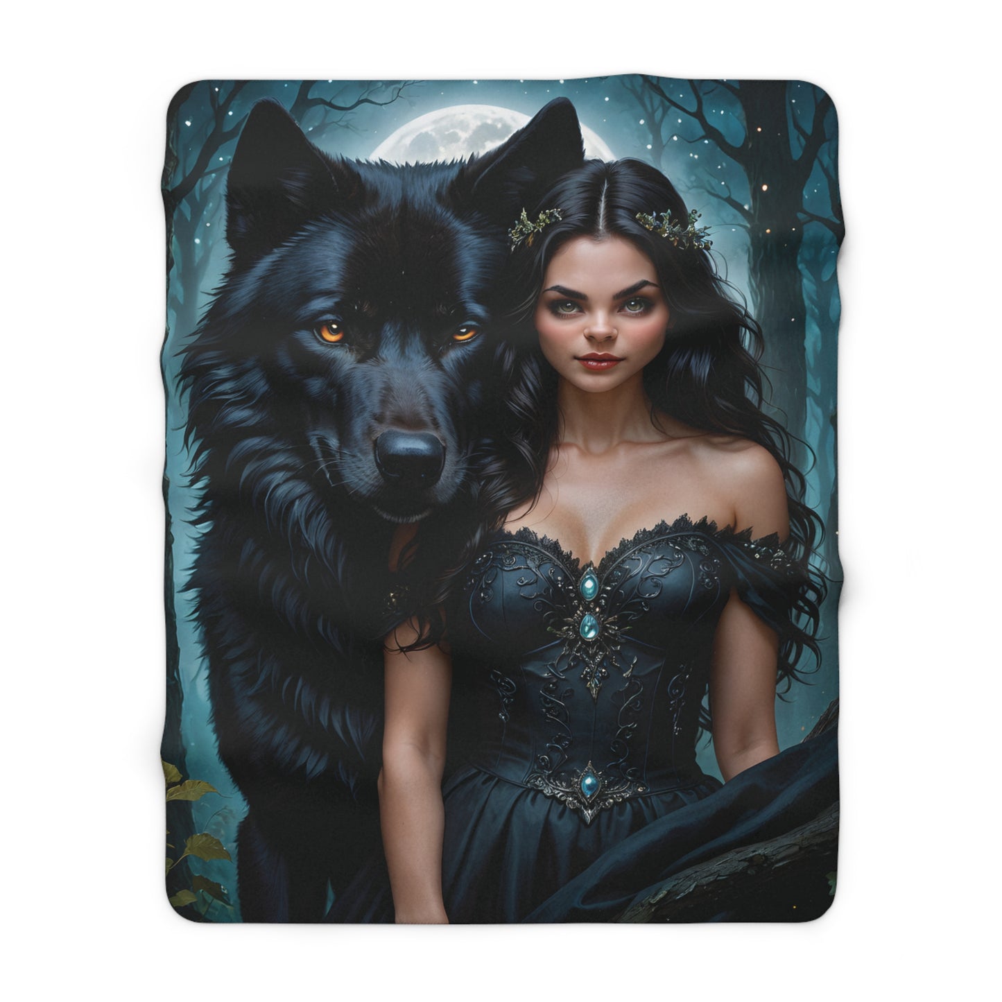 Black Wolf and Woman Fantasy Artwork Sherpa Fleece Blanket