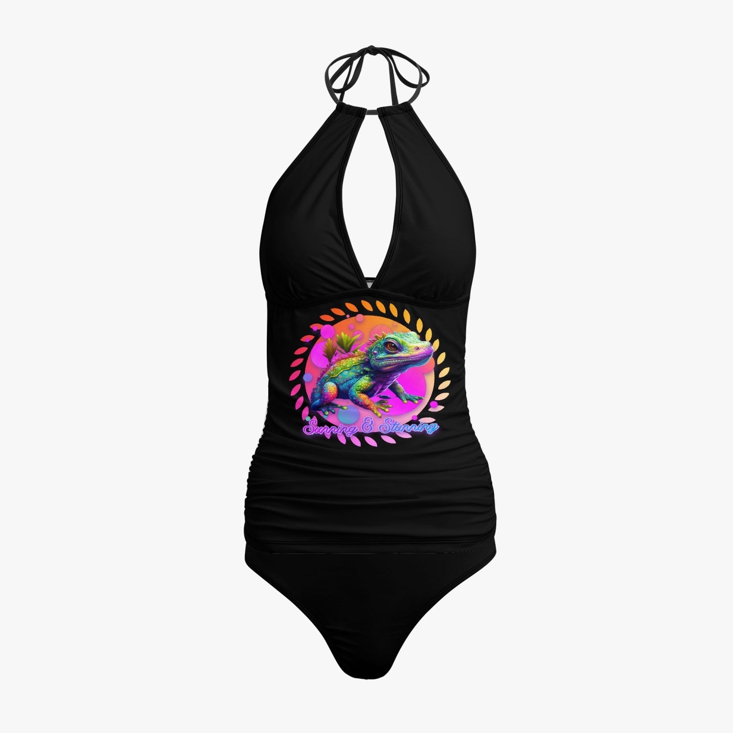 Sunning & Stunning  Typographical Art Halter Top Two-Piece Tankini Swimsuit - NocturnalExpressions