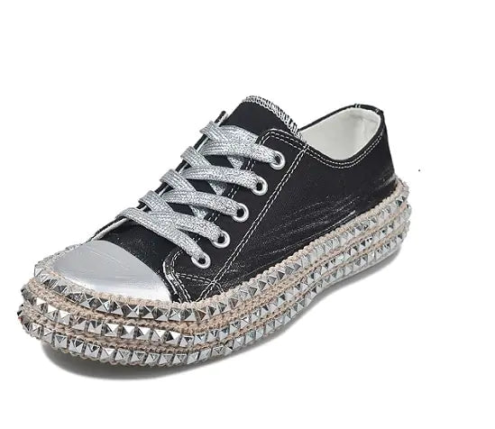 Women's Studded Leopard Print Canvas Shoes with Silver Laces