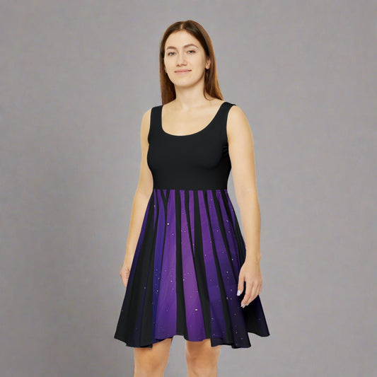 Women's Purple Starry Night Sky & Black Striped Graphic Design Sleeveless Skater Dress - NocturnalExpressions