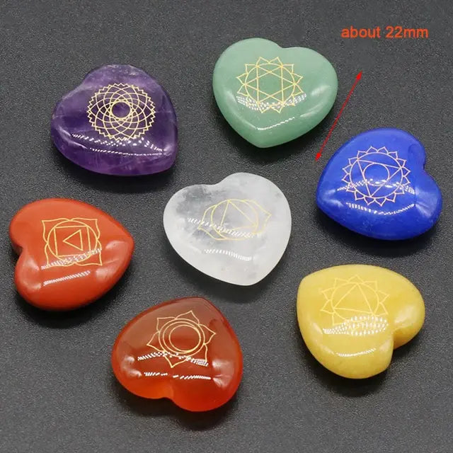 7Pcs Heart Chakra Natural Crystal Stones Quartz Set Engraved Symbols Yoga Stone for Jewelry Making Reiki Healing Meditation - NocturnalExpressions