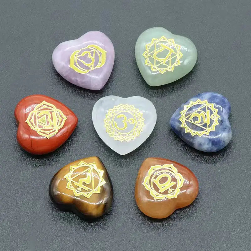 7Pcs Heart Chakra Natural Crystal Stones Quartz Set Engraved Symbols Yoga Stone for Jewelry Making Reiki Healing Meditation - NocturnalExpressions