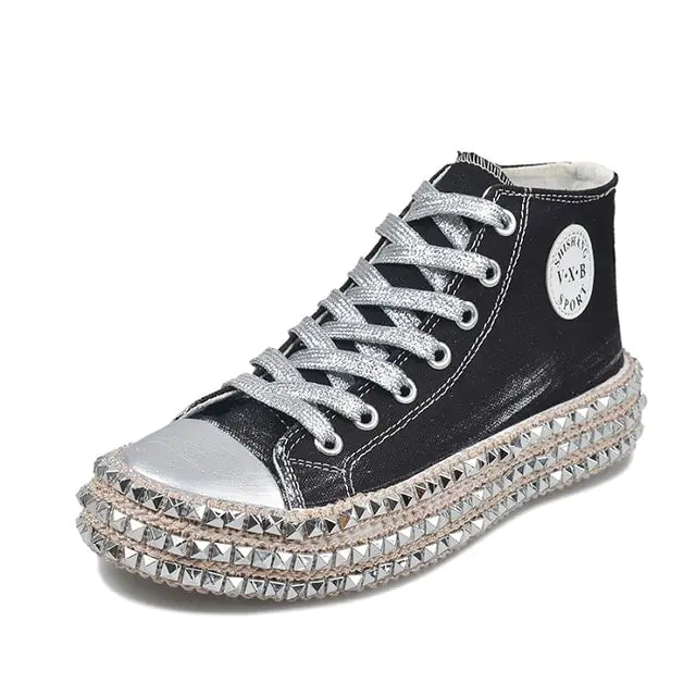 Women's Studded Leopard Print Canvas Shoes with Silver Laces