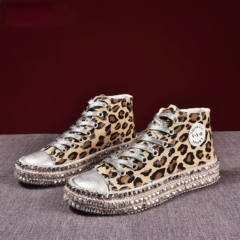 Women's Studded Leopard Print Canvas Shoes with Silver Laces