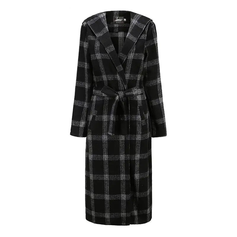 Black and White Plaid Hooded Trench Coat - NocturnalExpressions