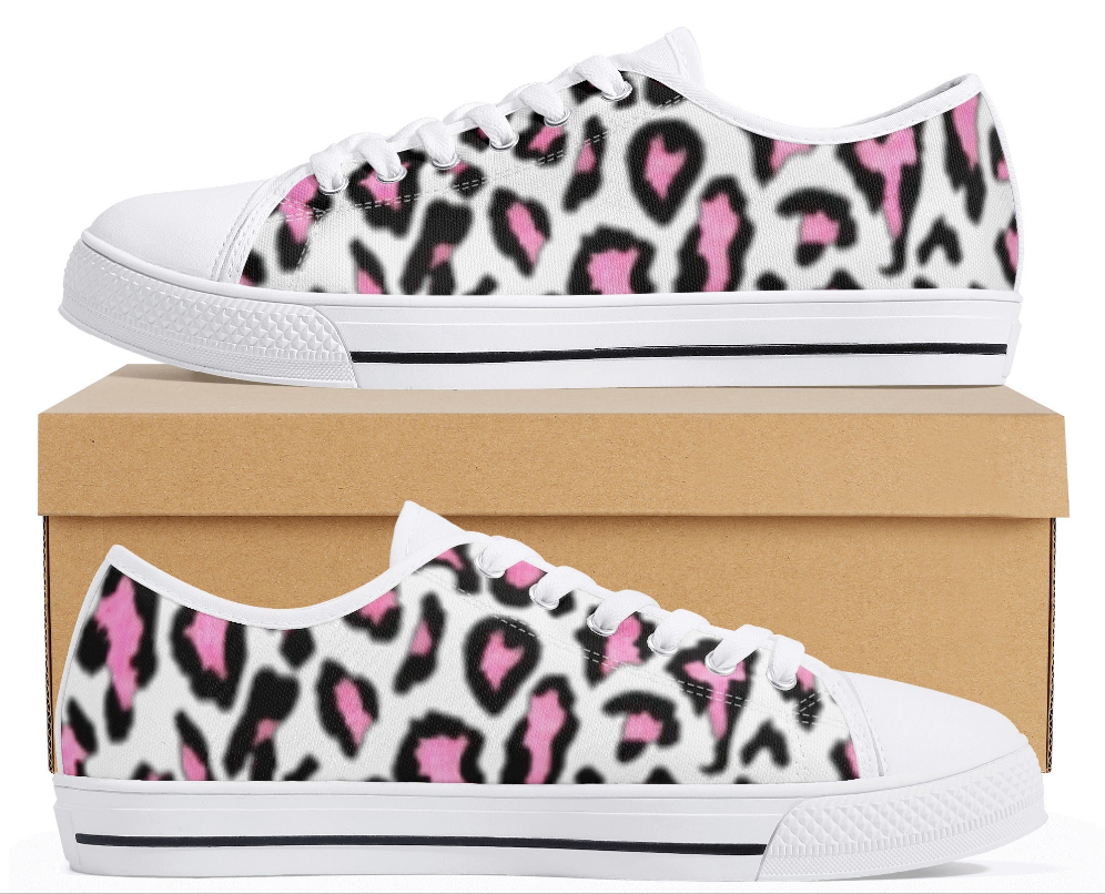 Women's White & Pink/Black Leopard Print Low Top Canvas Shoes