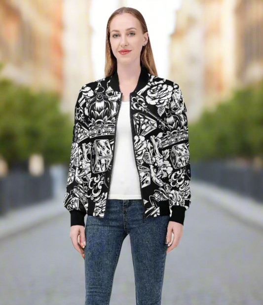 Women's Skulls and Dice Tattoo Pattern Zip-up Printed Bomber Jacket