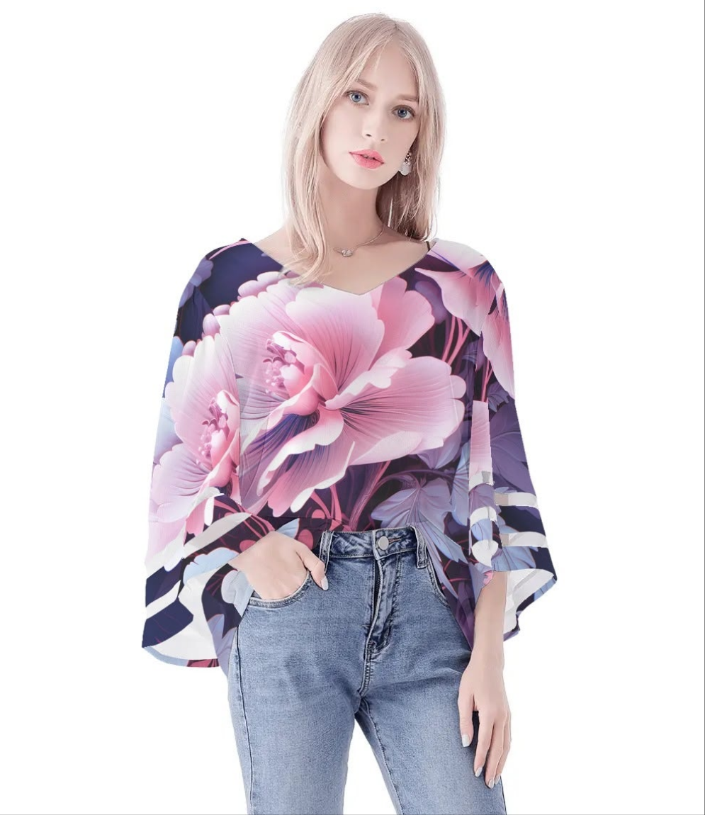 Womens Floral Print Loose Chiffon Blouse with Bell Sleeves