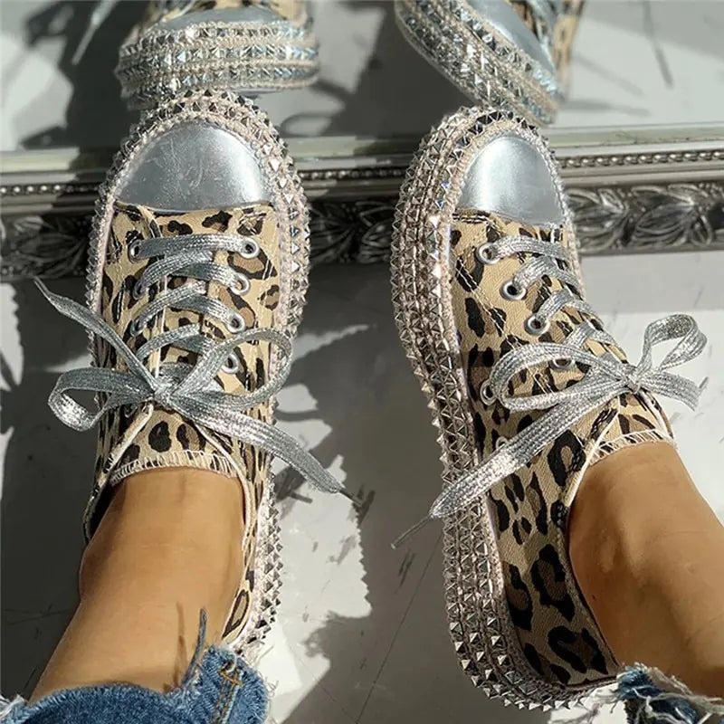 Women's Studded Leopard Print Canvas Shoes with Silver Laces