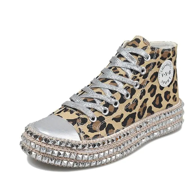 Women's Studded Leopard Print Canvas Shoes with Silver Laces