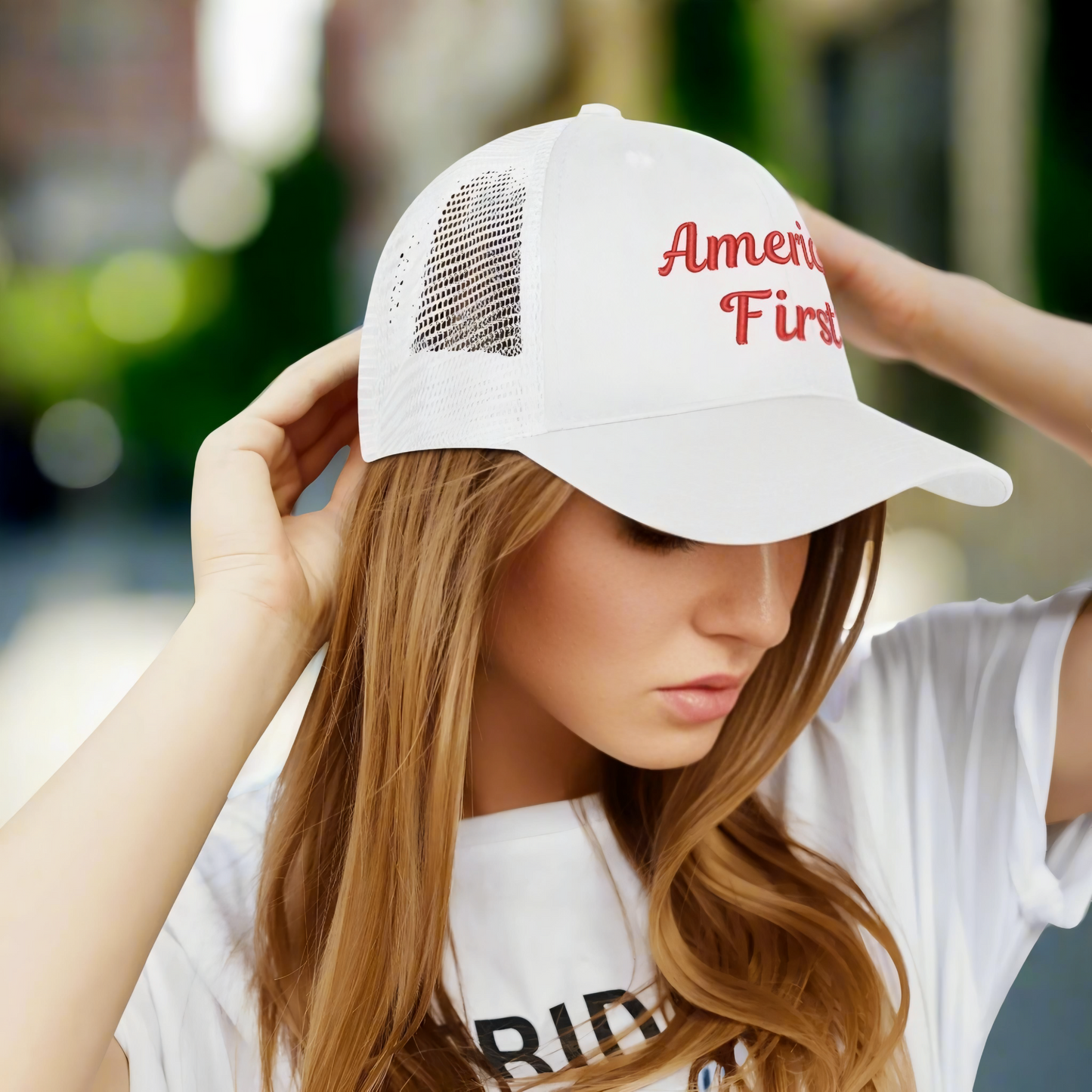 America First Emobrideried Trucker Hat