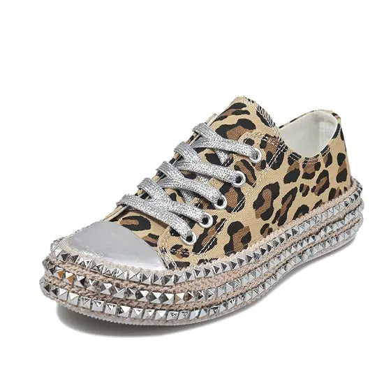 Women's Studded Leopard Print Canvas Shoes with Silver Laces