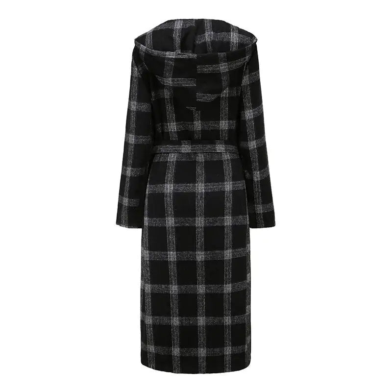 Black and White Plaid Hooded Trench Coat - NocturnalExpressions