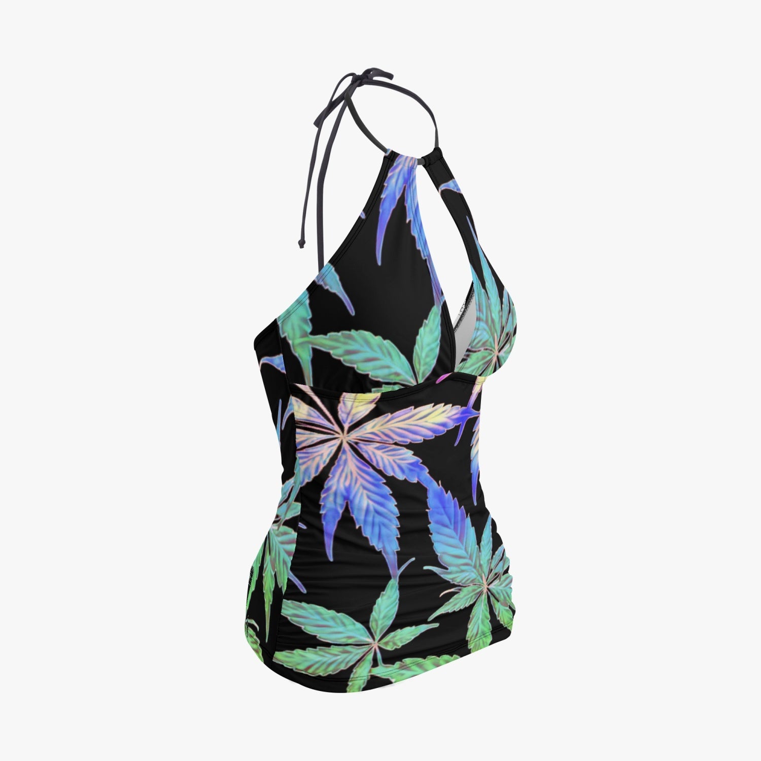 Blue to Green Color Gradient Potleaf Pattern Halter Top Two-Piece Tankini Swimsuit - NocturnalExpressions