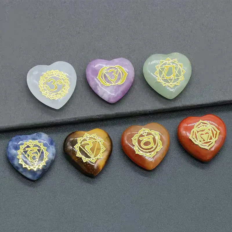 7Pcs Heart Chakra Natural Crystal Stones Quartz Set Engraved Symbols Yoga Stone for Jewelry Making Reiki Healing Meditation - NocturnalExpressions