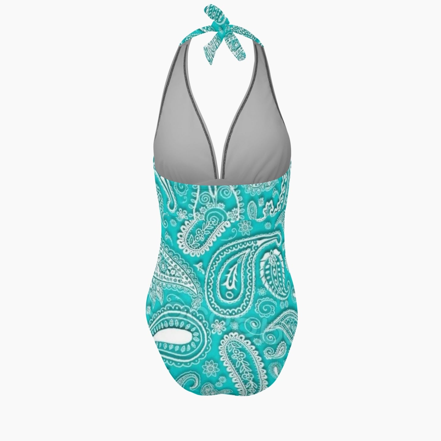 Teal and White Paisley Print Halter Top V-neck One-Piece Swimsuit - NocturnalExpressions