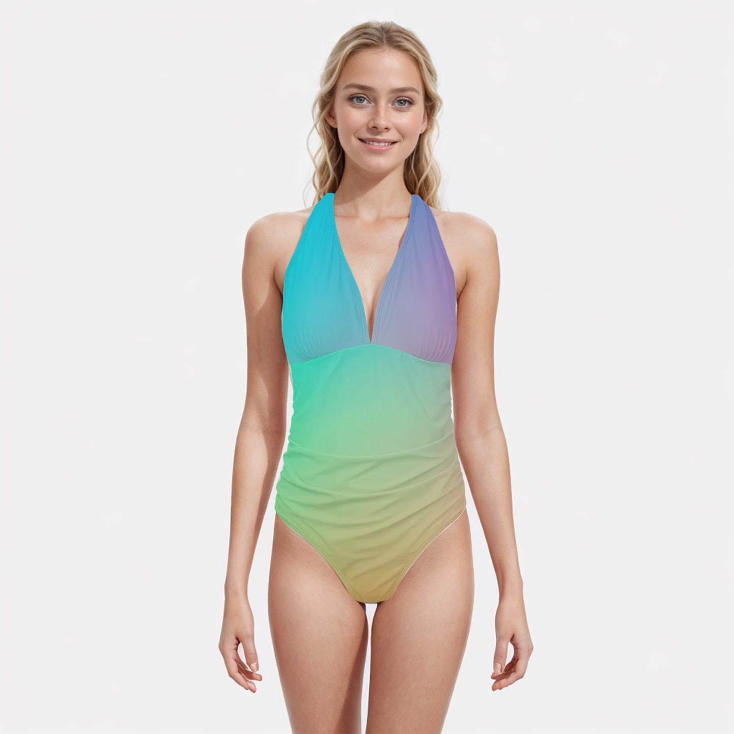 Women's Multicolored Color Gradient V-neck Halter Style One-Piece Swimsuit