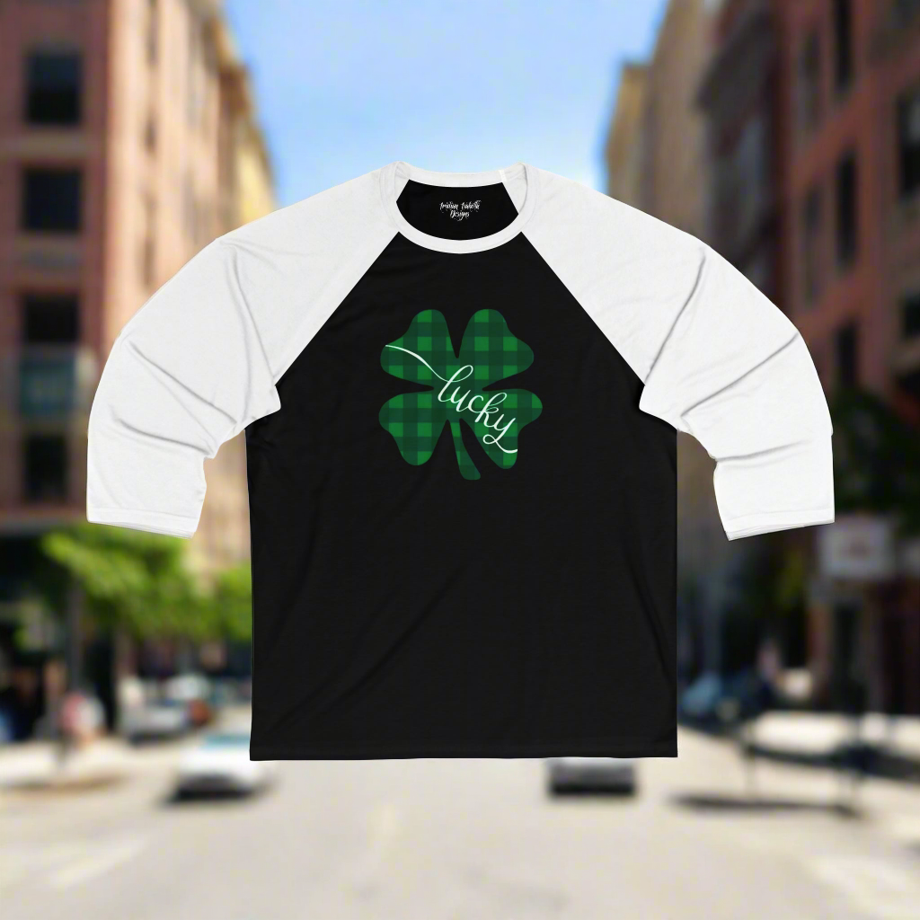 Black Plaid Shamrock Graphic 3\4 Raglan Sleeve Baseball Tee