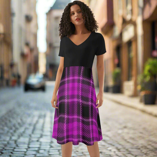 ﻿Women's Gothic Pink and Black Plaid V-neck Short Sleeve Sundress