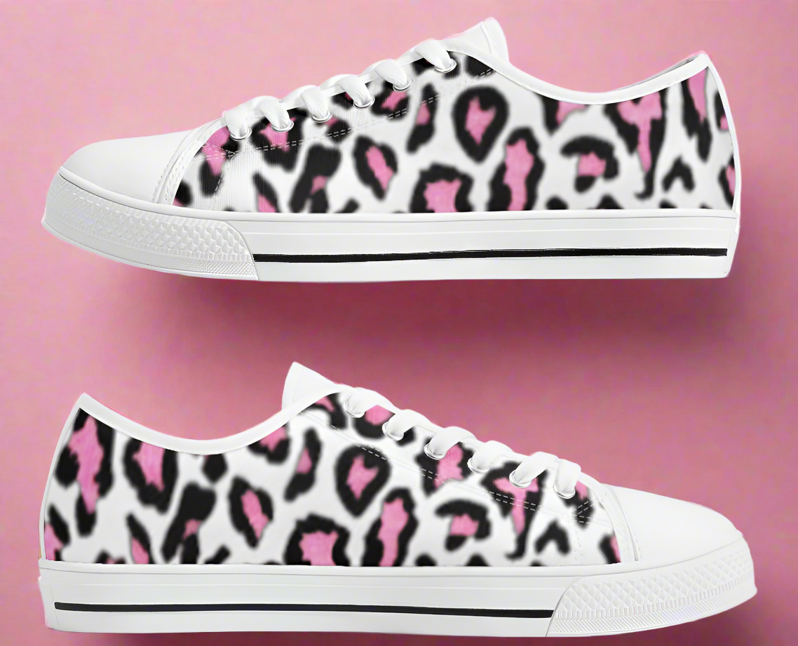 Women's White & Pink/Black Leopard Print Low Top Canvas Shoes