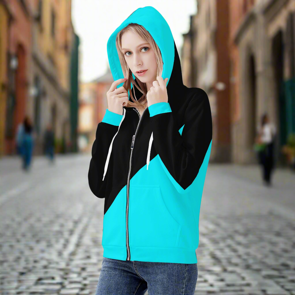 Womens Teal & Black Asymmetrical Zip Up Hoodie