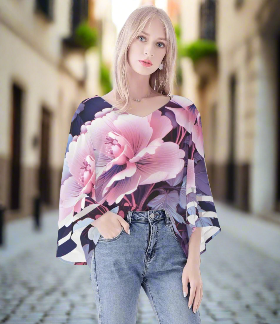 Womens Floral Print Loose Chiffon Blouse with Bell Sleeves