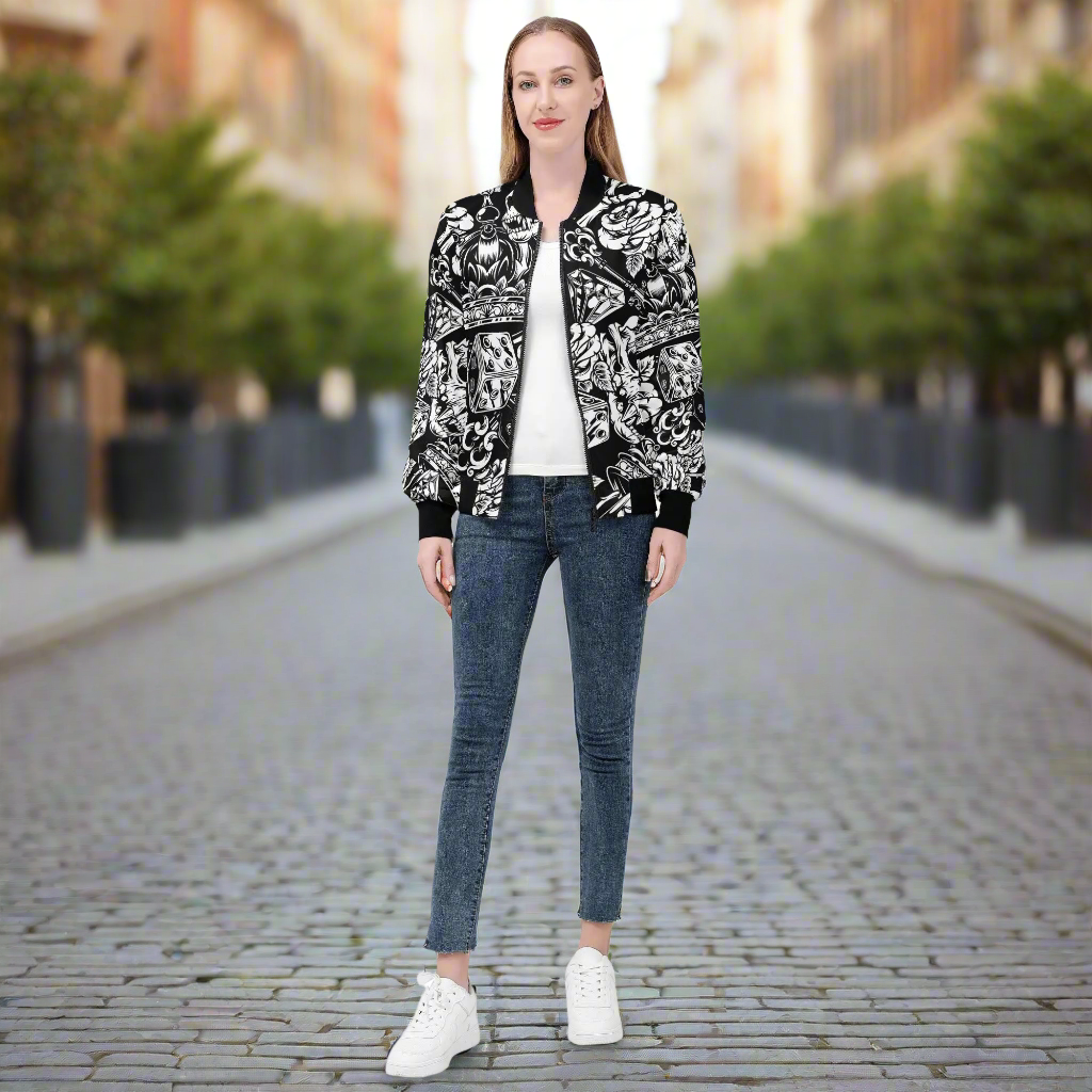 Women's Skulls and Dice Tattoo Pattern Zip-up Printed Bomber Jacket