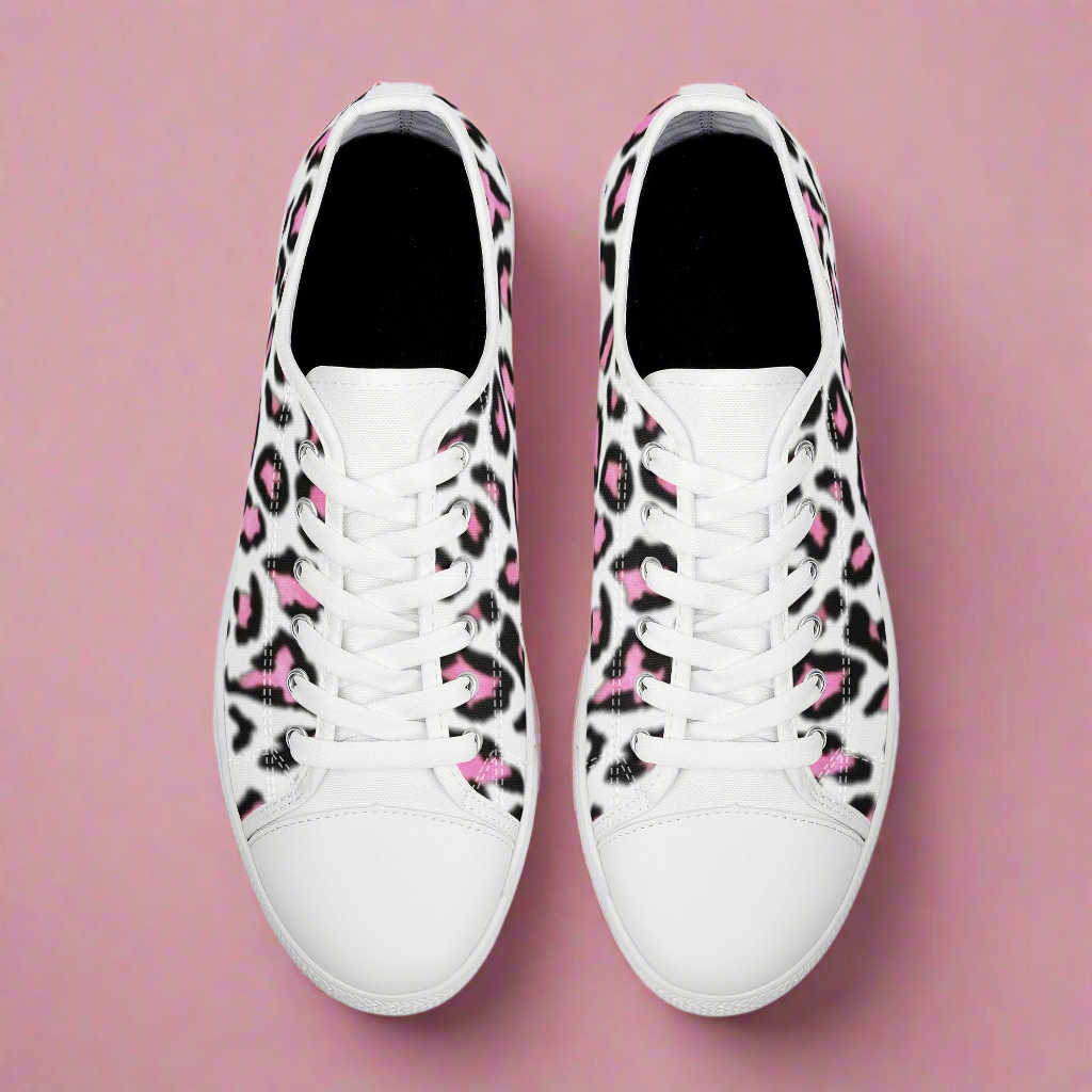 Women's White & Pink/Black Leopard Print Low Top Canvas Shoes