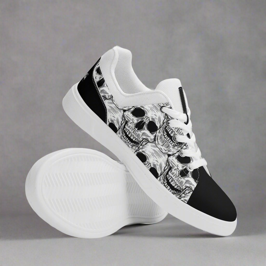 Black and White Skull Pattern Low Top Skateboard Shoes With Logo