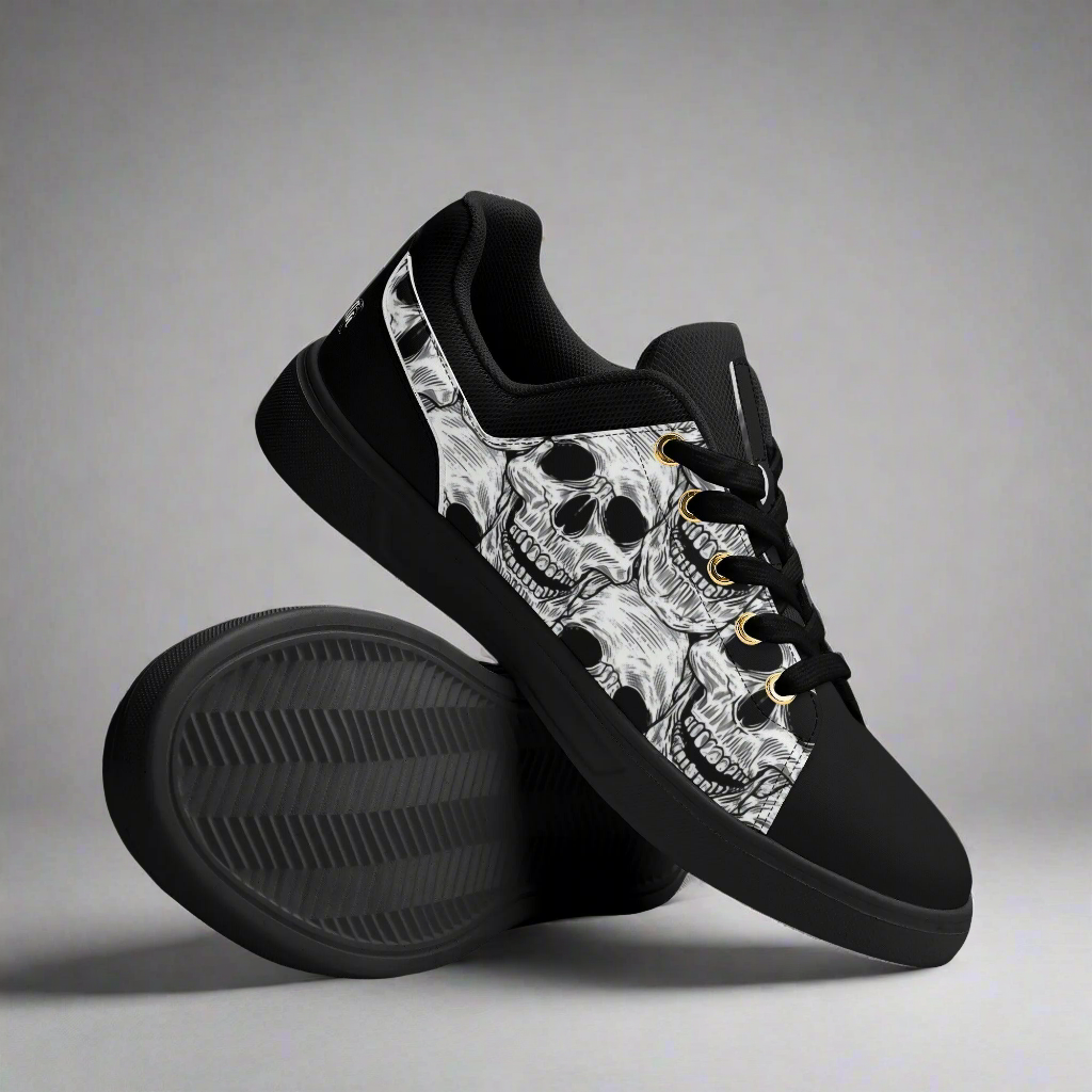 Black and White Skull Pattern Low Top Skateboard Shoes With Logo