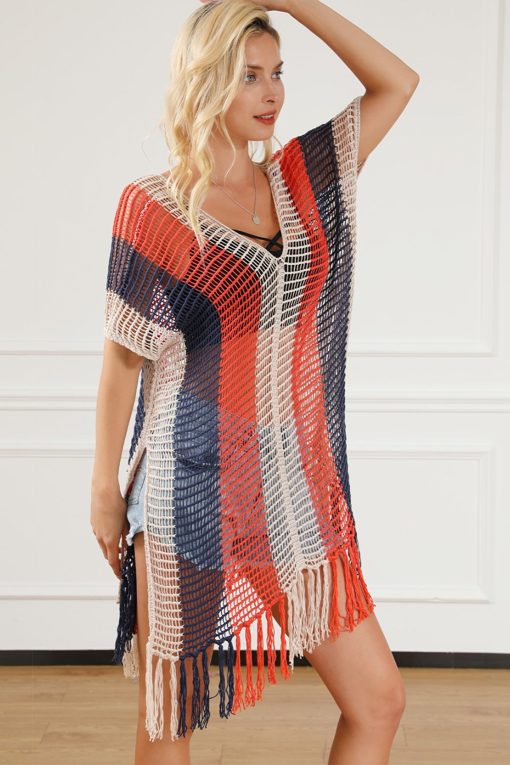 Tassel Color Block V-Neck Cover Up - NocturnalExpressions