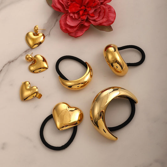 18K Gold Exquisite Simple Heart-shaped/Geometric Design Hair Accessories, Rings And Earrings Set