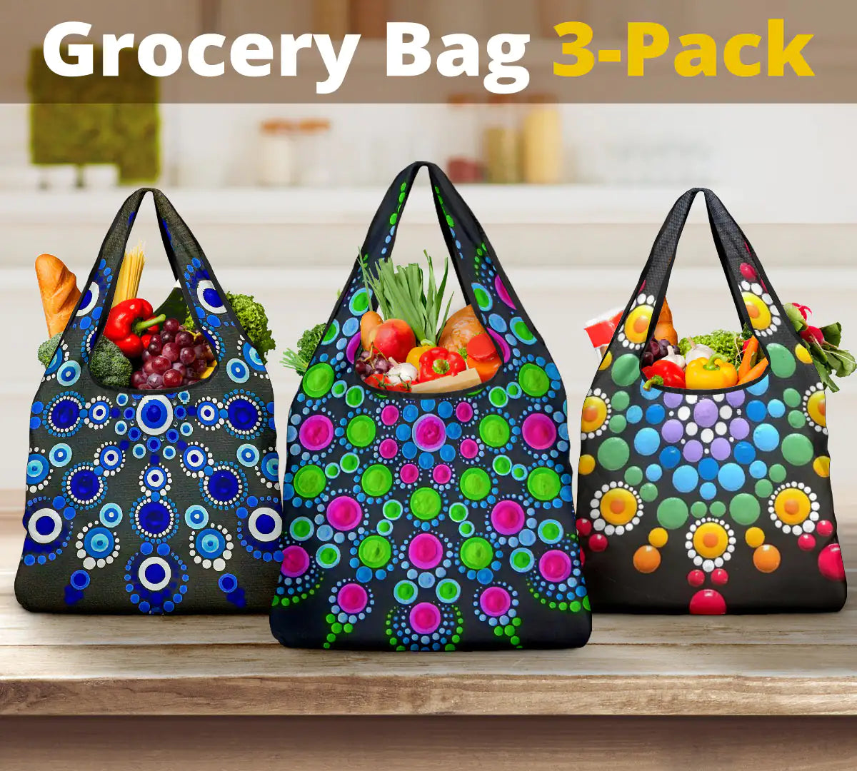 3-Pack Mandala Design Reusable Grocery Bags