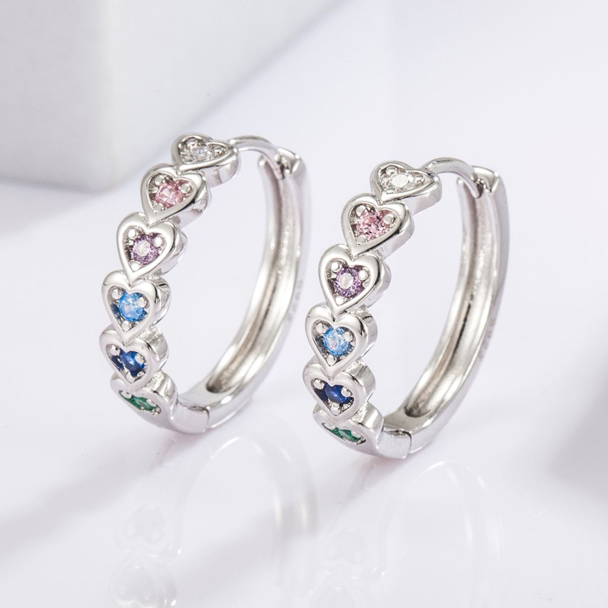 925 Sterling Silver Inlaid Zircon Heart Huggie Earrings - NocturnalExpressions