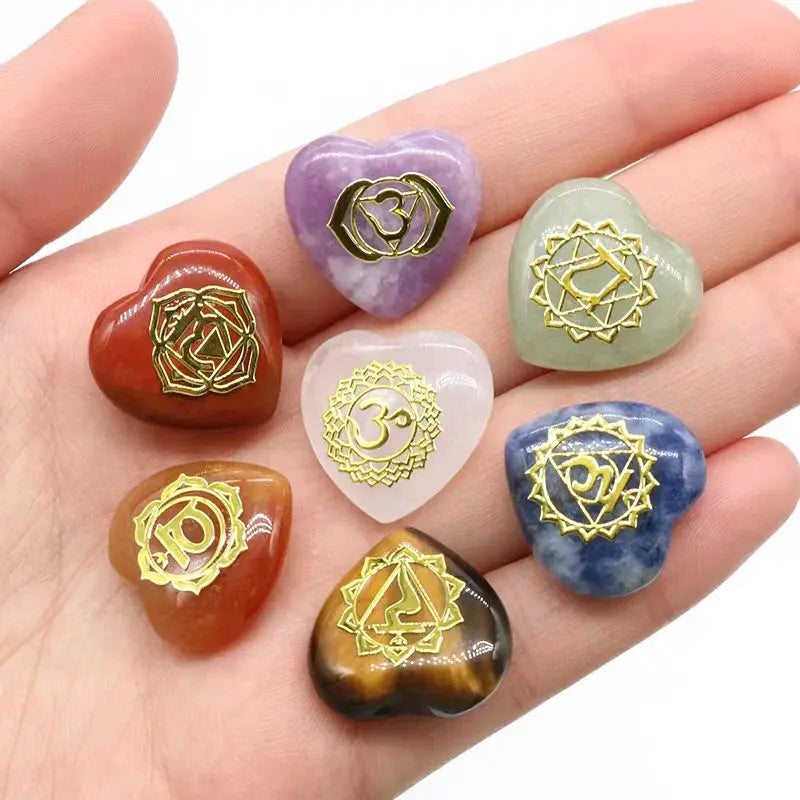 7Pcs Heart Chakra Natural Crystal Stones Quartz Set Engraved Symbols Yoga Stone for Jewelry Making Reiki Healing Meditation - NocturnalExpressions