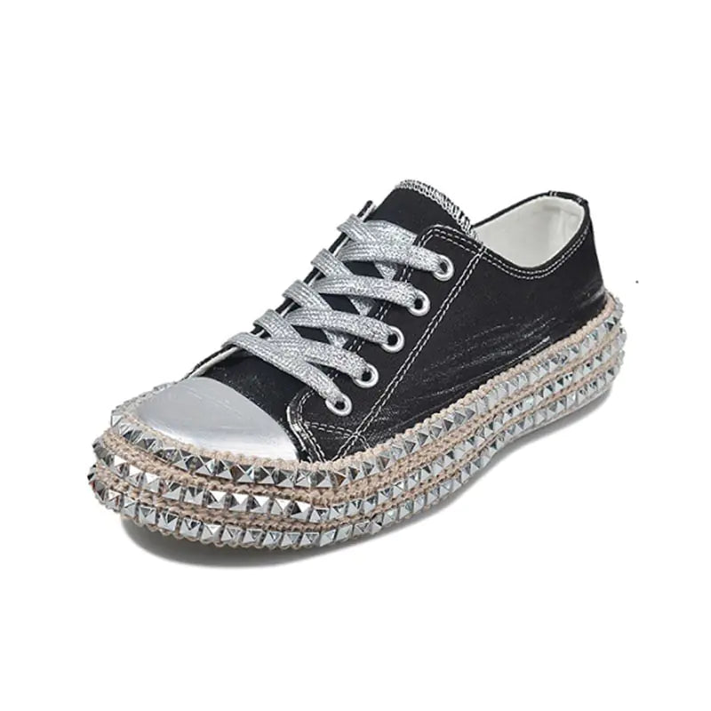 Women's Studded Leopard Print Canvas Shoes with Silver Laces