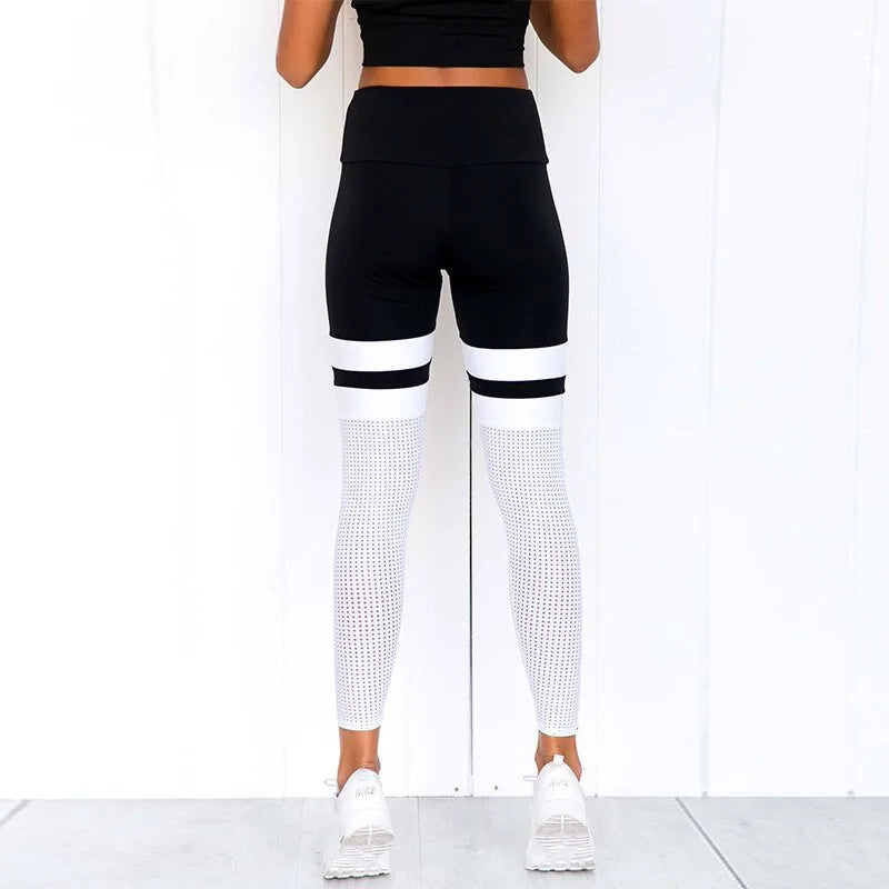 Black and White Striped Spandex Mesh Insert Leggings - NocturnalExpressions