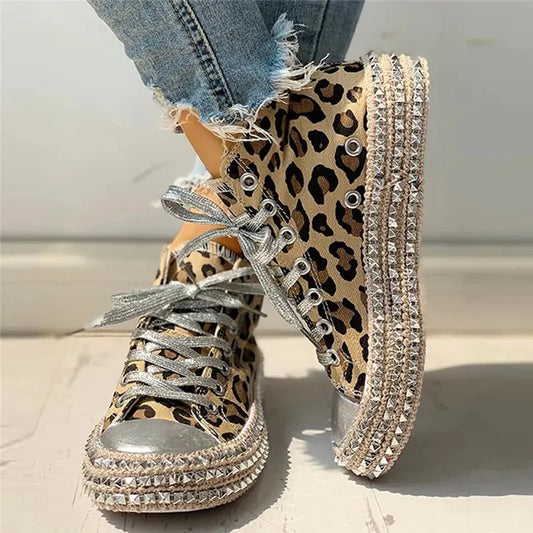 Women's Studded Leopard Print Canvas Shoes with Silver Laces