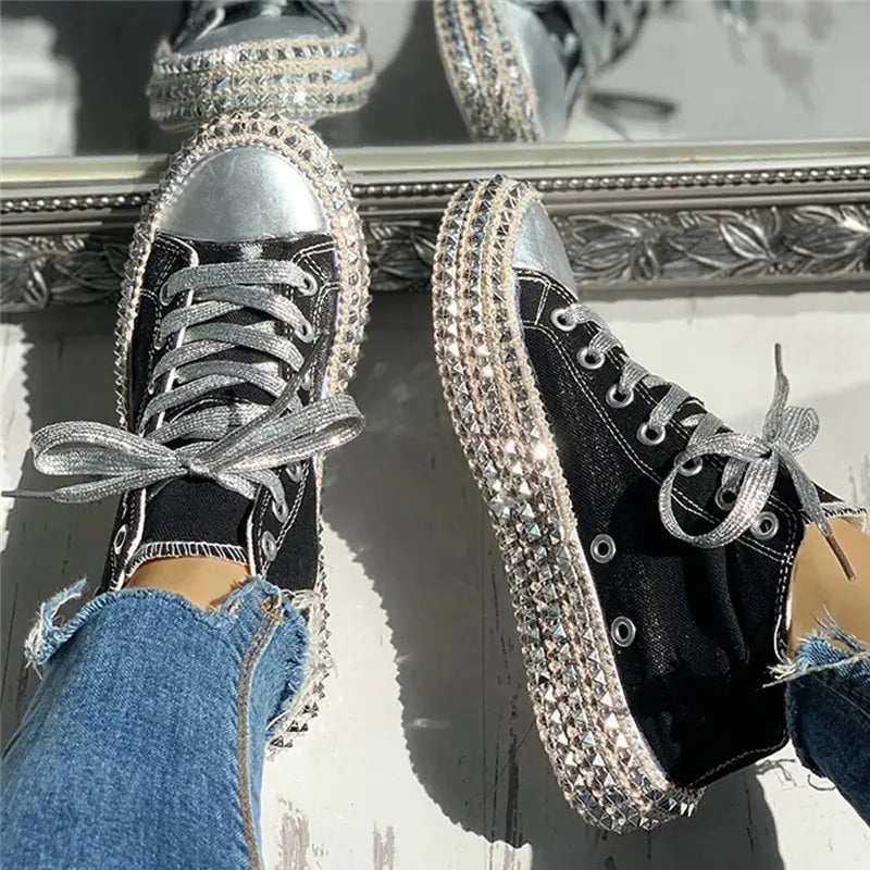 Women's Studded Leopard Print Canvas Shoes with Silver Laces