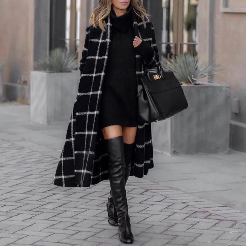 Black and White Plaid Hooded Trench Coat - NocturnalExpressions