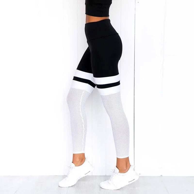 Black and White Striped Spandex Mesh Insert Leggings - NocturnalExpressions